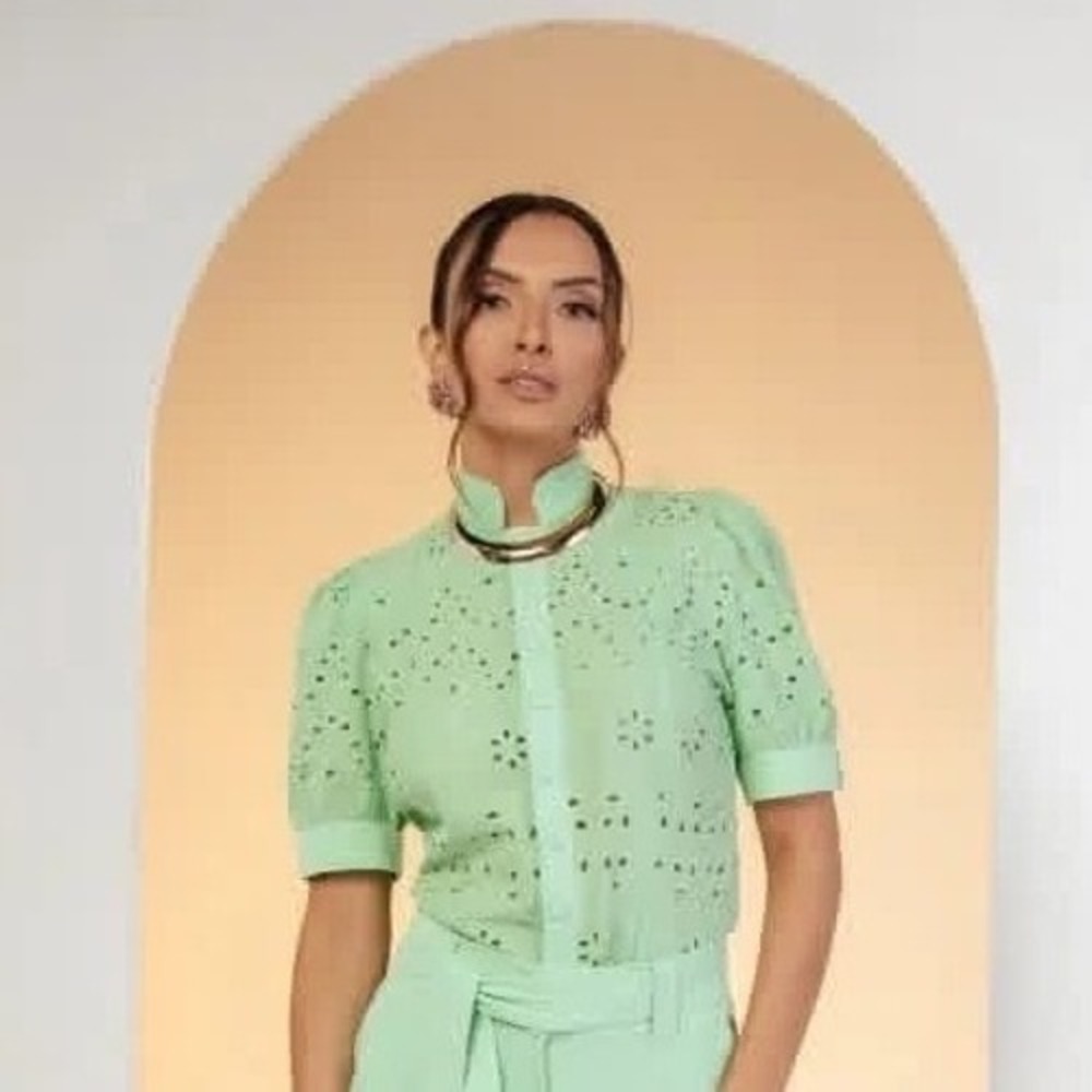 Candida Ferreira Aqua Turquoise Eyelet Puff Sleeve Button Down Shirt Brazil P